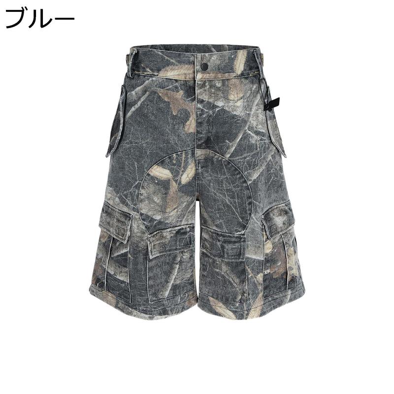 タイムセール！古着デニム☆解体×再構築☆ ハーフショートパンツ☆ミリタリ☆ 迷彩 ハーフパンツ デニム パッチワーク風 カーゴパンツ 迷彩柄 作業着