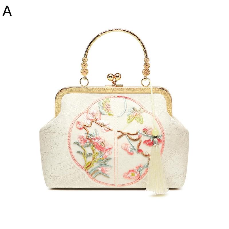 ハンドバッグ がま口 結婚式 刺繍 和風 桃花 タッセル ベージュ 中華風