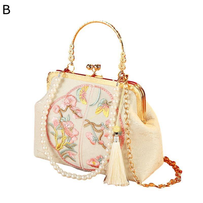 ベージュ ハンドバッグ 和装用バッグ ハンドバッグ がま口 結婚式 刺繍 和風 桃花 タッセル ベージュ 中華風