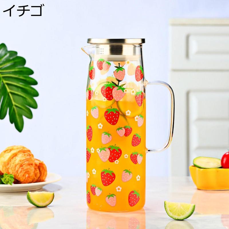 麦茶ポット 冷蔵庫用冷水筒 ガラスポット かわいい柄 花柄 苺 ドリンク