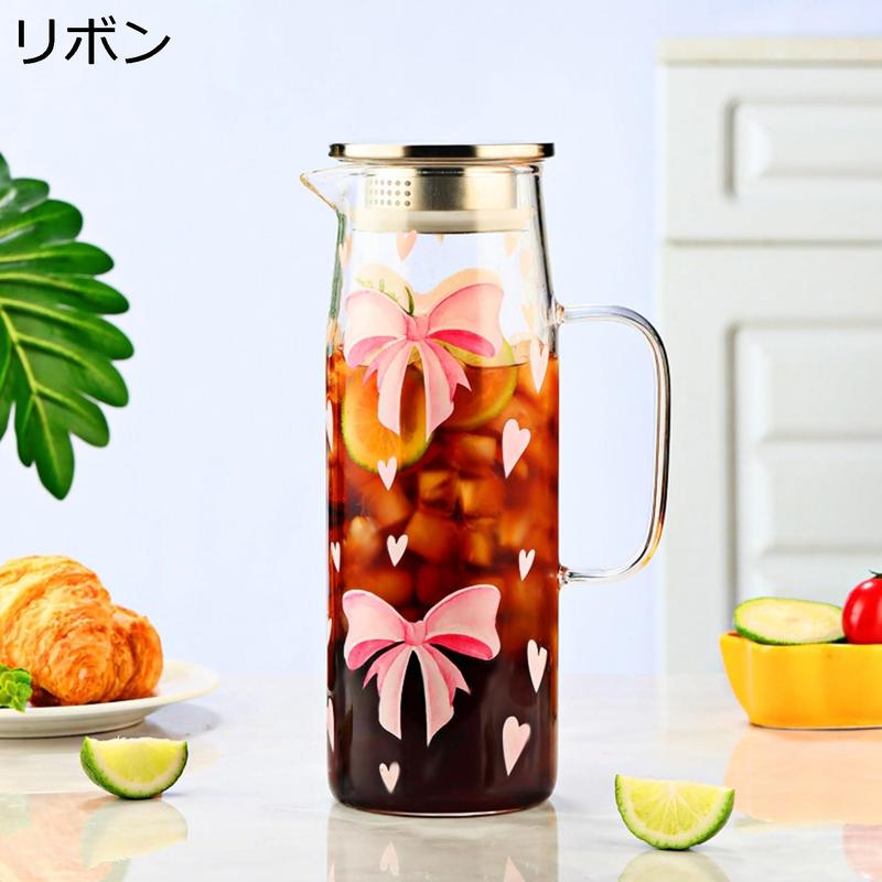 麦茶ポット 冷蔵庫用冷水筒 ガラスポット かわいい柄 花柄 苺 ドリンク
