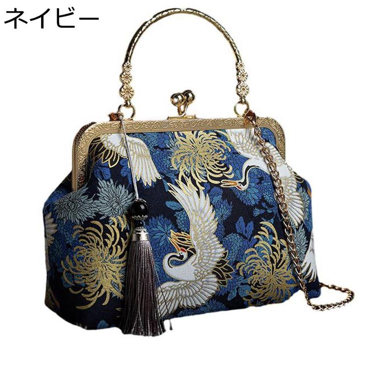 鶴柄 菊 がま口ポーチ ショルダーバッグ パーティーバッグ 和風 中華風