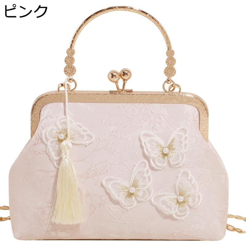 手持ちバッグ がま口 白 ホワイト 立体蝶 結婚式 刺繍 タッセル