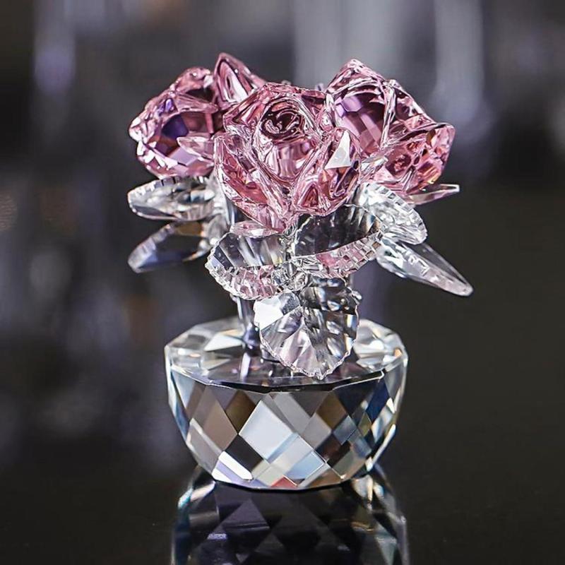 ガラス製 ピンクローズ 花束置物 クリスタル キラキラ 風水 薔薇の花 クリスタル ガラス 置物 ヒーリング インテリア ガラス