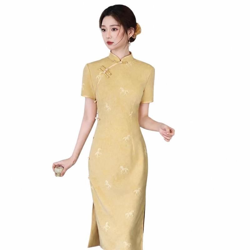 ★美品★VIVIENNE TAM龍柄チャイナ風カシュクールワンピース　イエロー チャイナドレス レディースワンピース ロング丈 スリム 細見え