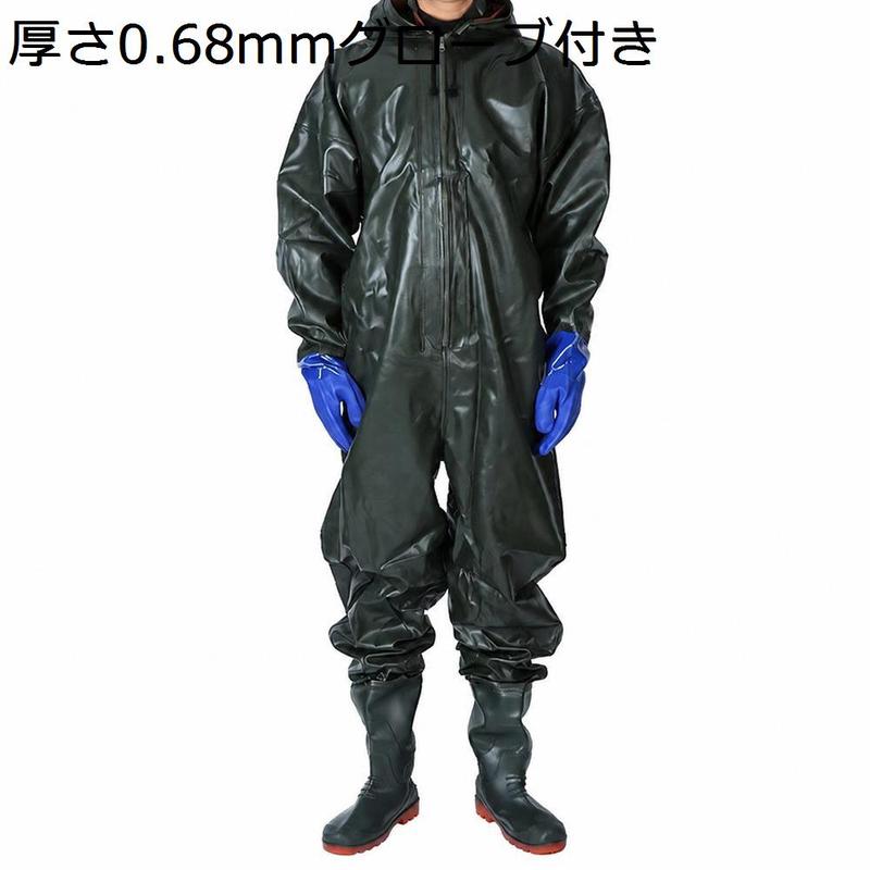 ウェーダー 胴付長靴 釣り 防水 つなぎ フロントファスナー 作業着 漁業 水産 田植え 土木 掃除 フード付き 高耐久 男女兼用_2