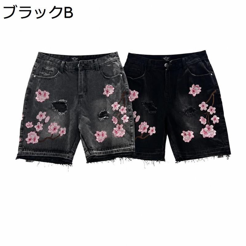 タグ付未使用　コムデギャルソンガール　ショートパンツ　花柄刺繍　ネイビー デニム ショートパンツ メンズ 桜 刺繍 ダメージ ジーンズ ハーフ