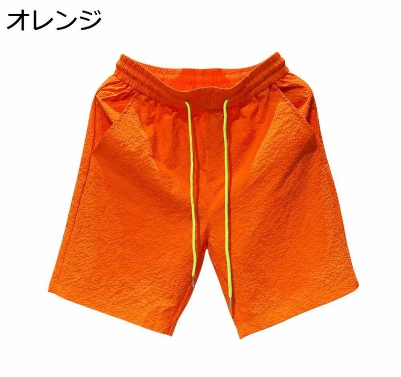 wed store Yuan シアサッカー　パンツ　オレンジ ショートパンツ メンズ ハーフパンツ シアサッカー 五分丈 ウエスト