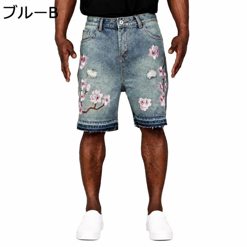 デニム ショートパンツ メンズ 桜 刺繍 ダメージ ジーンズ ハーフ
