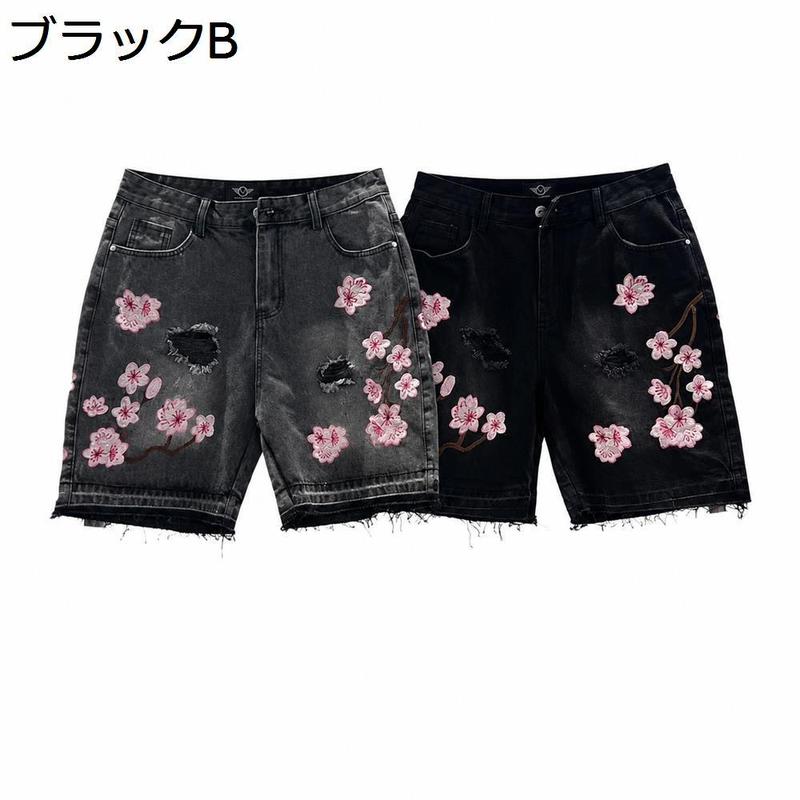 デニム ショートパンツ メンズ 桜 刺繍 ダメージ ジーンズ ハーフ