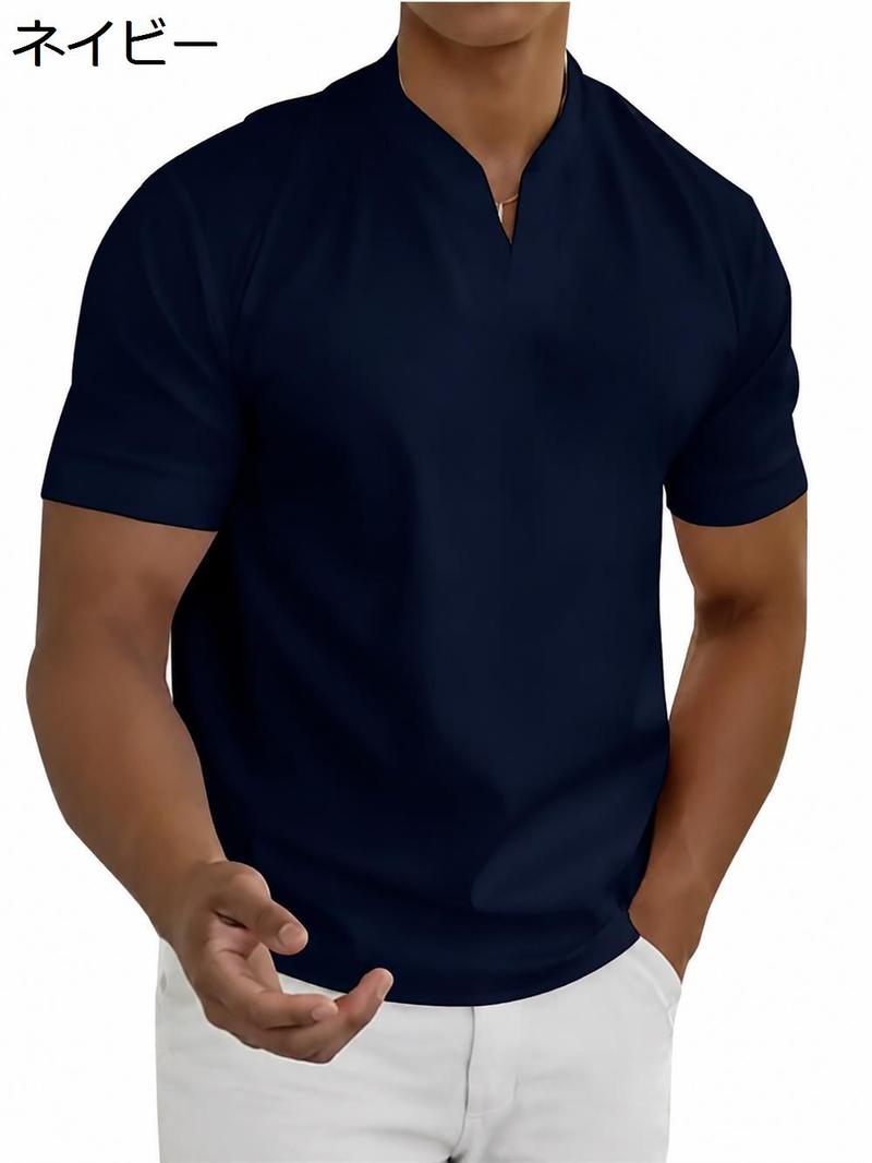 Tシャツ メンズ 半袖 Vネック キーネック ストレッチ スリム フィット