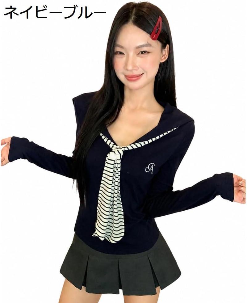 セーラーカラー カットソー レディース 長袖 Tシャツ セーラー風