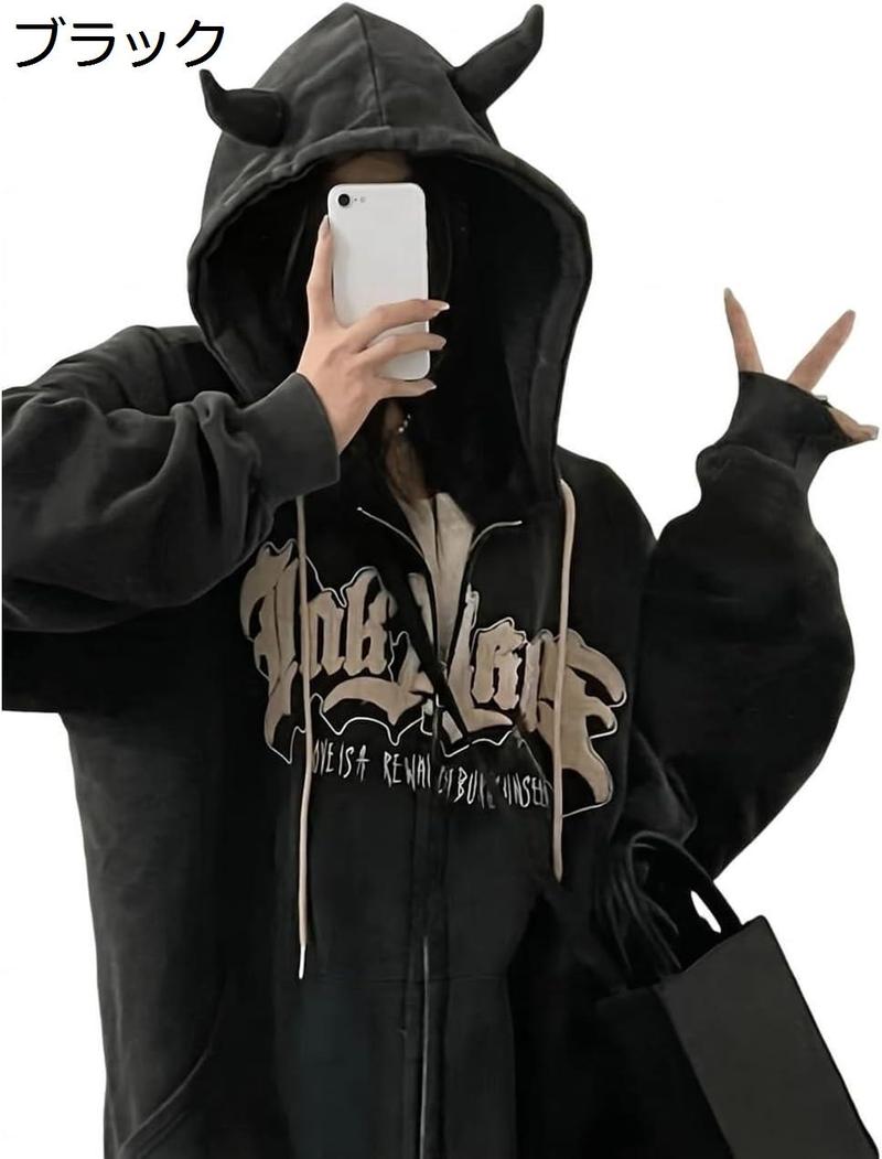 パーカー レディース ジップアップパーカー 角付き 悪魔 オーバー