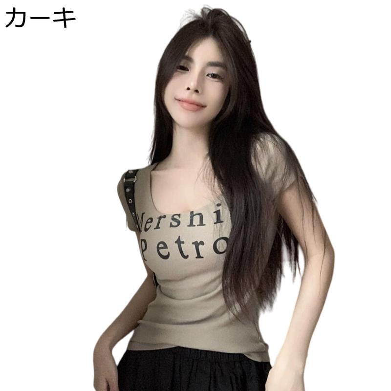 Tシャツ レディース 半袖 Uネック 英字ロゴ プリント スリム リブ