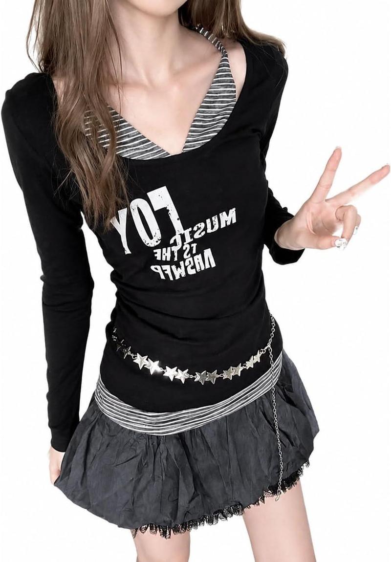 ロンT レディース 重ね着風 レイヤード 長袖 Tシャツ カットソー