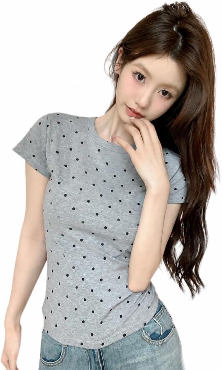  ドット柄 スリムフィット Tシャツ Lサイズ 半袖 レディース Tシャツ レディース 半袖 ドット柄 タイト スリム 着痩せ クルーネック