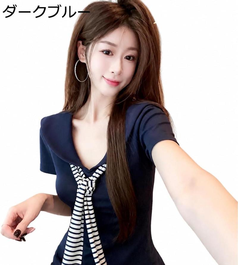 セーラーカラー Tシャツ 半袖 レディース 制服風 トップス 襟付き V