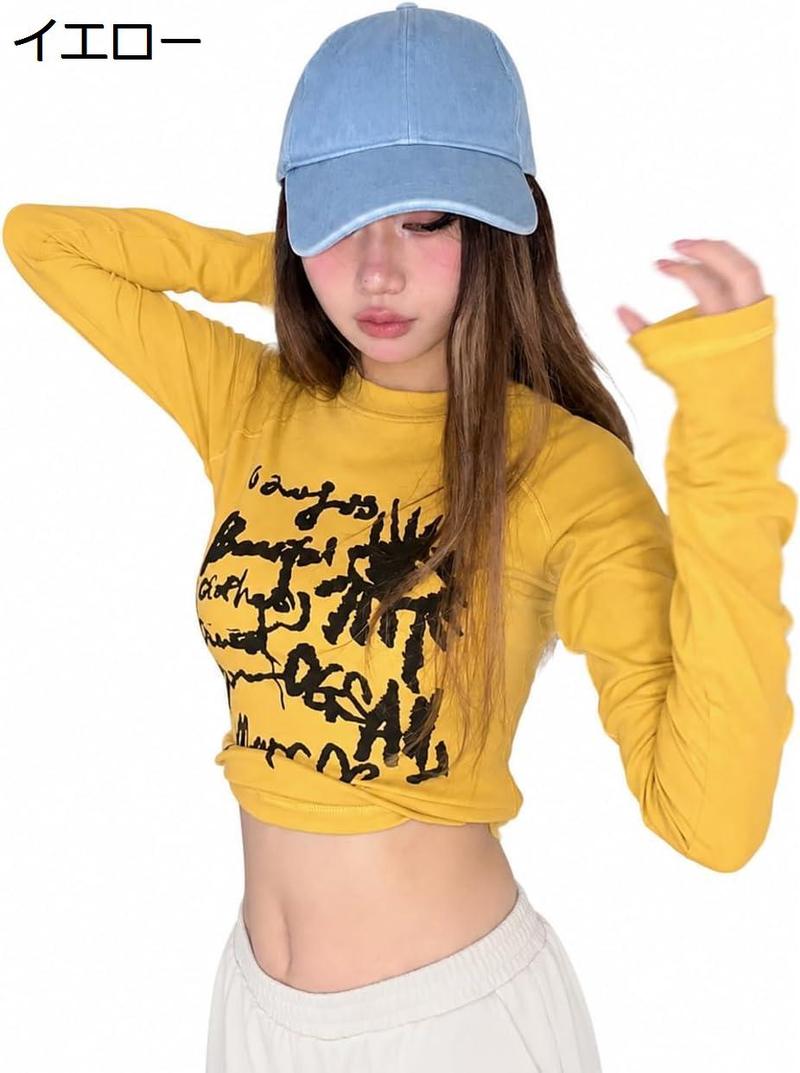 ロンT レディース クロップド丈 長袖 Tシャツ Y2K ストリート タイト