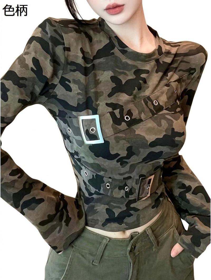 迷彩柄 Tシャツ レディース 長袖 カットソー タイト スリム トップス