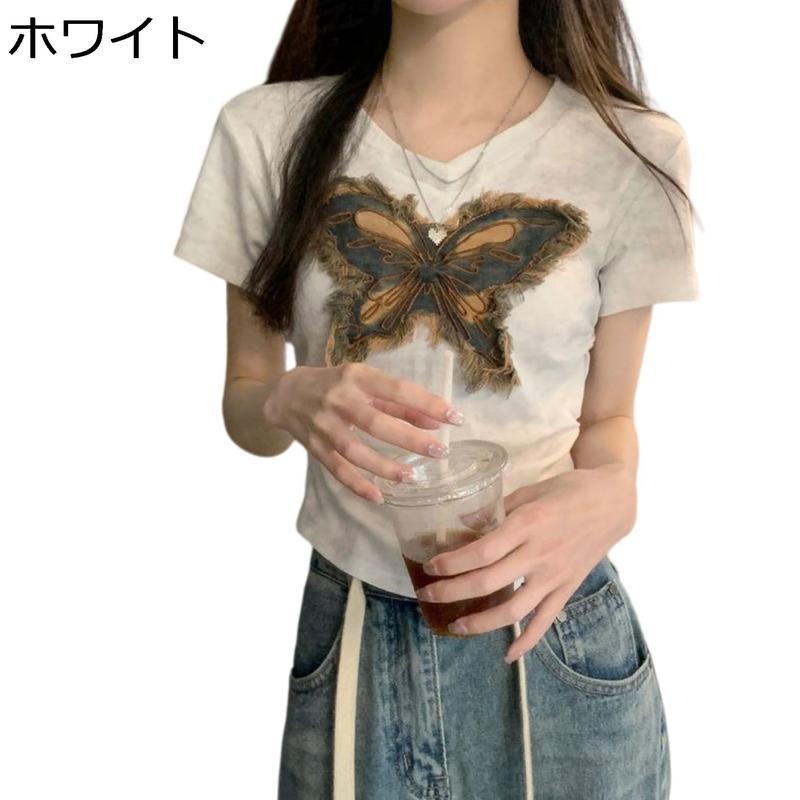 Tシャツ レディース 半袖 Vネック 蝶 刺繍 バタフライ クロップド丈
