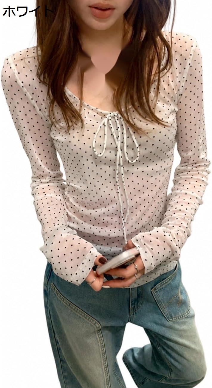 シアートップス 長袖 レディース ドット柄 リボン付き シースルー