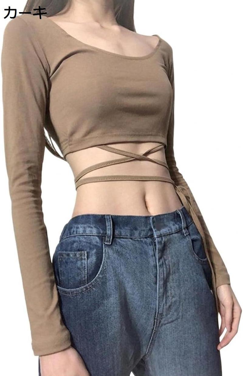 ショート丈 Tシャツ レディース へそ出し トップス 長袖 Uネック