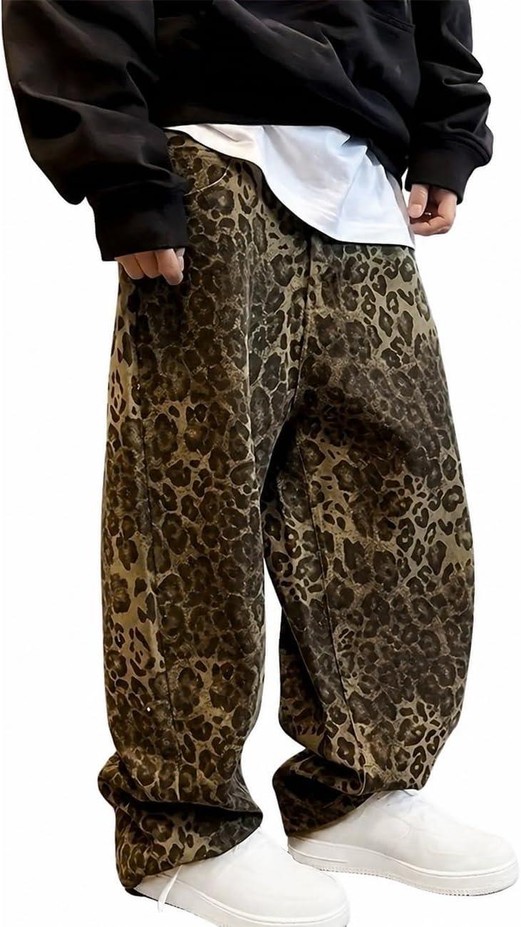 ヒョウ柄 デニムパンツ メンズ ワイドパンツ レオパード ジーンズ
