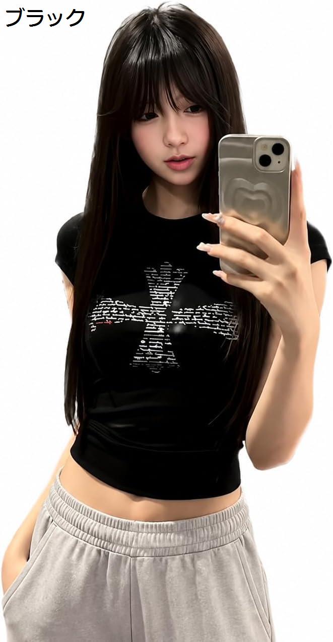 Tシャツ レディース 半袖 Y2K 十字架 ラインストーン へそ出し チビT