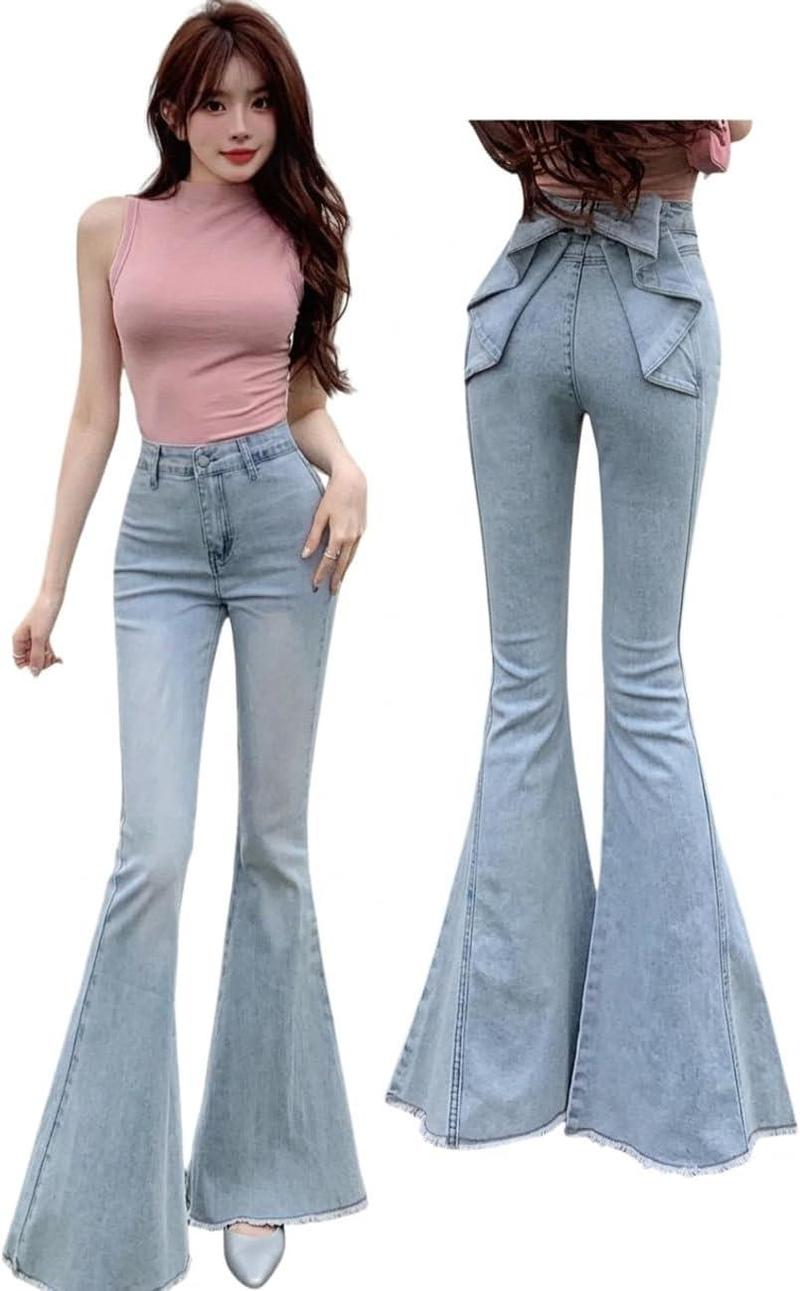 デニムパンツ レディース フレアパンツ ハイウエスト バックリボン