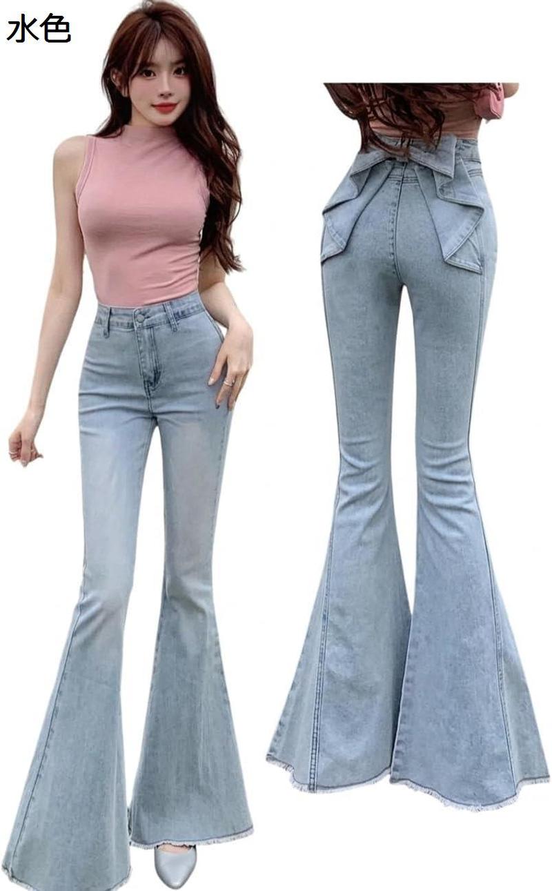 デニムパンツ レディース フレアパンツ ハイウエスト バックリボン