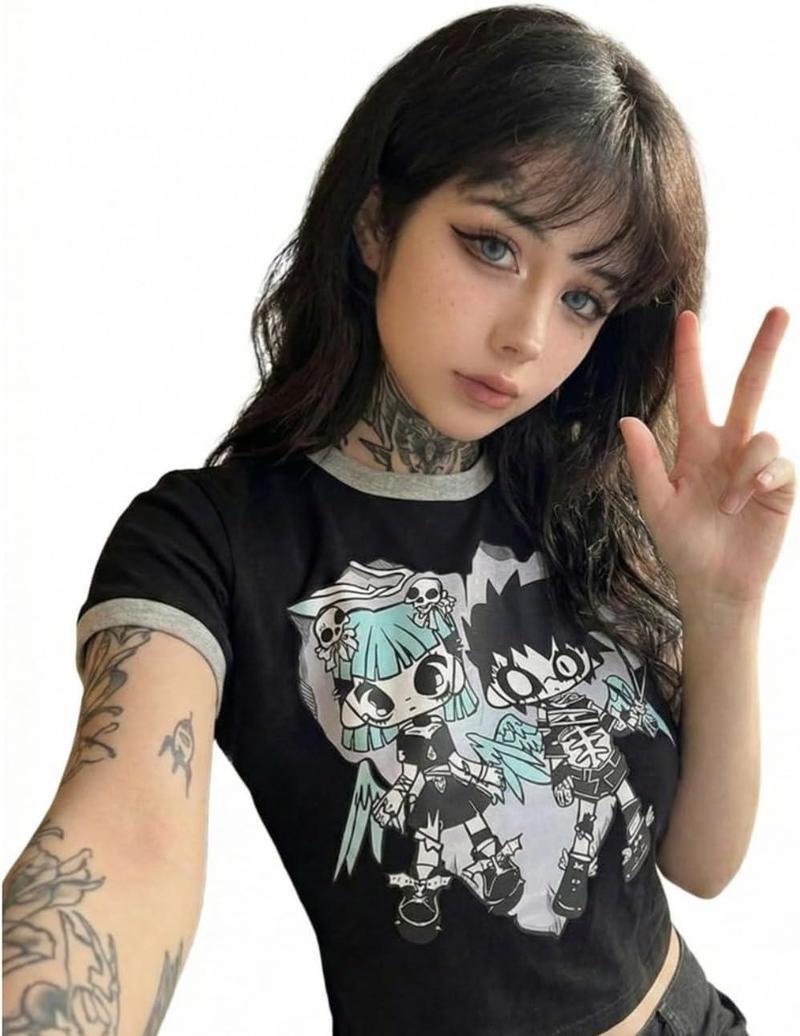 Tシャツ レディース 地雷系 アニメプリント トップス ショート丈 へそ