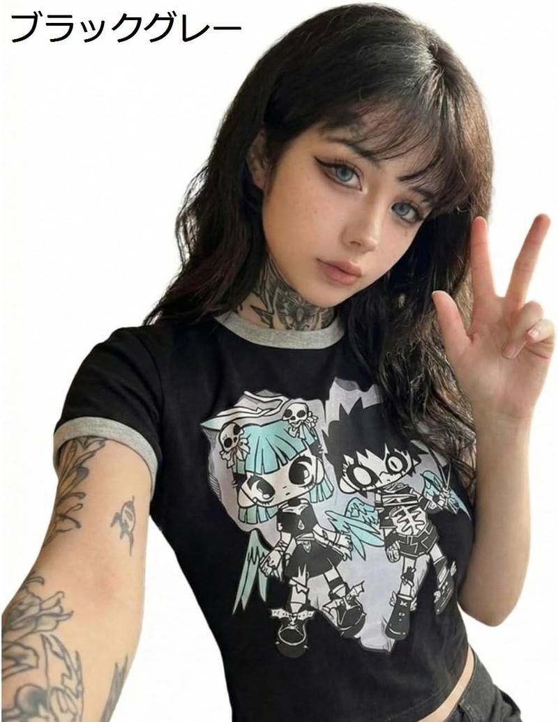 Tシャツ レディース 地雷系 アニメプリント トップス ショート丈 へそ