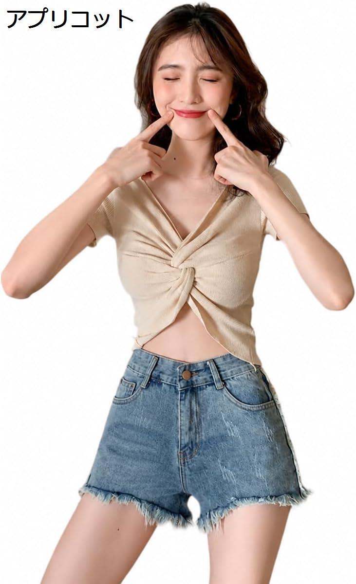 Vネック フロントクロス Tシャツ レディース 半袖 ニット タイト
