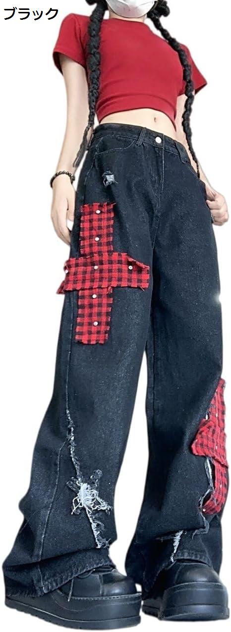 ワイド デニムパンツ レディース ジーパン 十字架 パッチワーク 