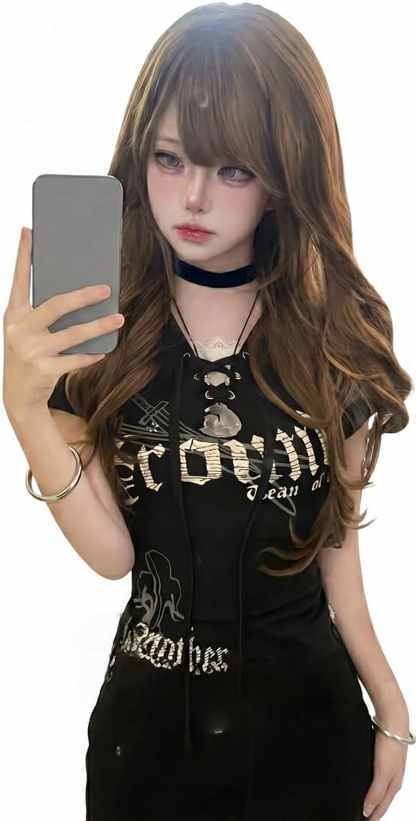 平成 サブカルパンク ボーダー ギミック Tシャツ チェーン y2k 地雷 地雷系 Tシャツ レディース サブカル系 パンク 半袖 レースアップ