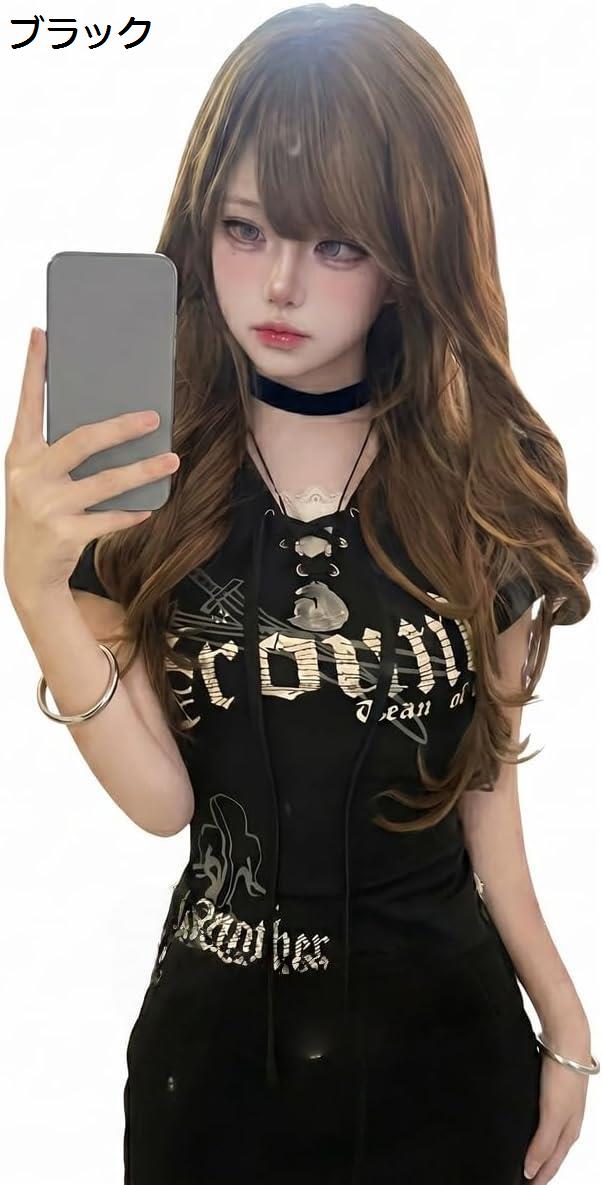 地雷系 Tシャツ レディース サブカル系 パンク 半袖 レースアップ