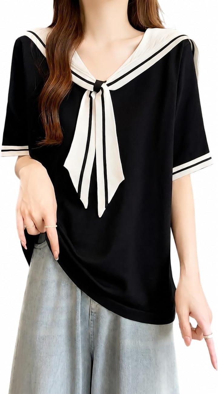 セーラーカラー Tシャツ レディース 半袖 スクール風 リボン トップス