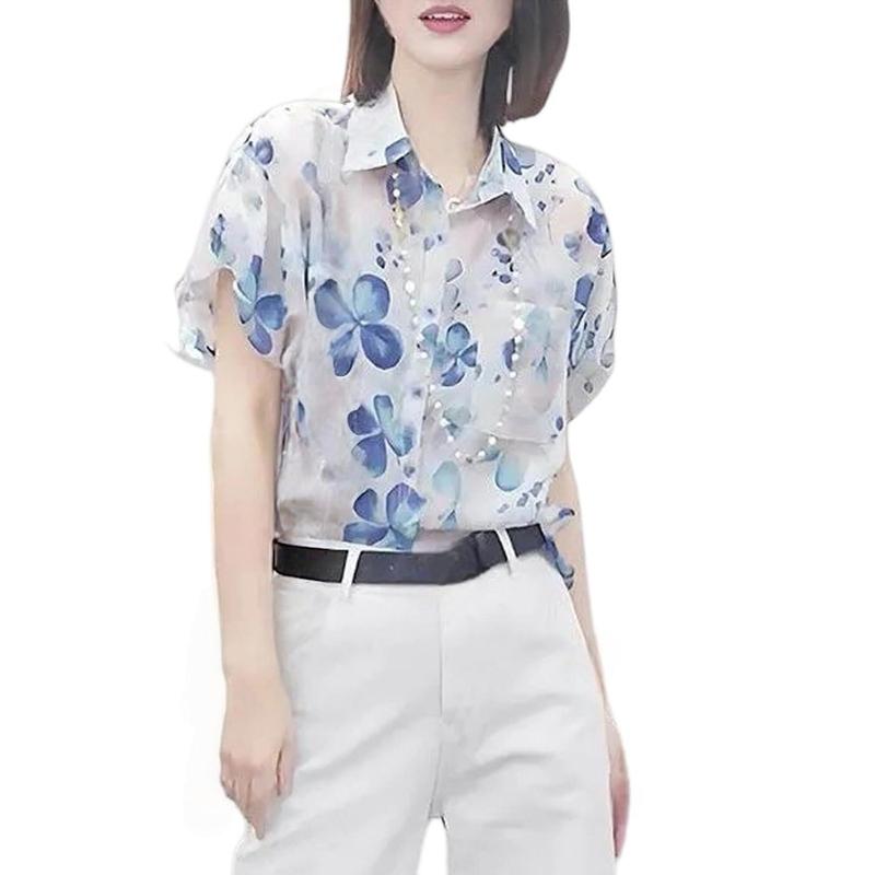 シアーシャツ レディース 半袖 花柄 ブラウス シフォン トップス