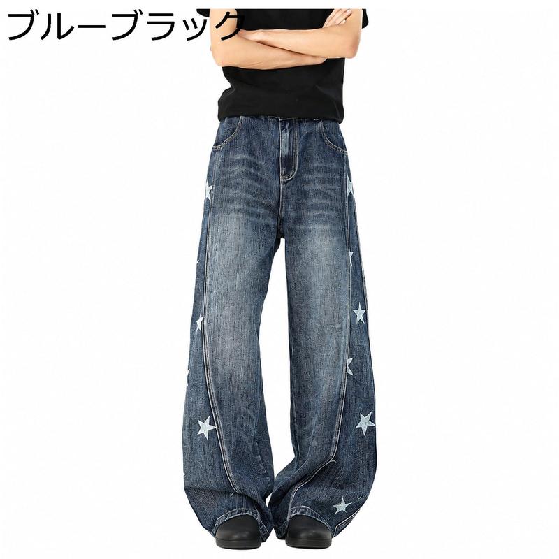 デニムパンツ メンズ ワイドパンツ 星柄 パッチワーク ストリート系 
