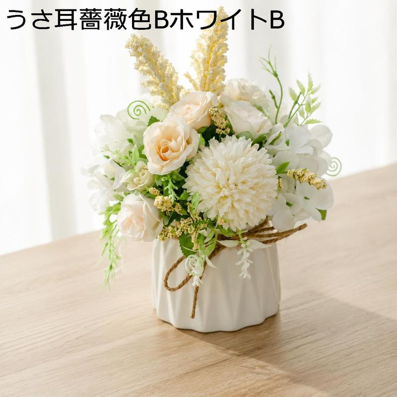 エンジェル彫刻のホワイト花瓶　バラ造花付 造花 花瓶付き おしゃれ 北欧風 アートフラワー 陶器製花器 リアル