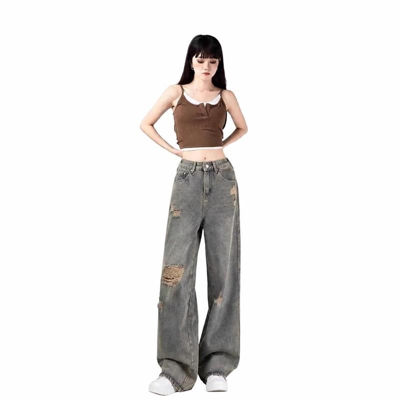 デニムパンツ レディース ダメージ ジーンズ ハイウエスト ワイド