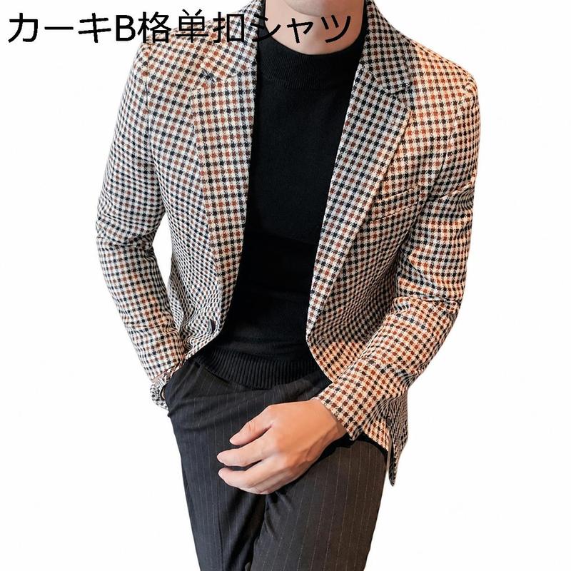 テーラードジャケット メンズ スリム 千鳥格子 ジャケット シングル 1