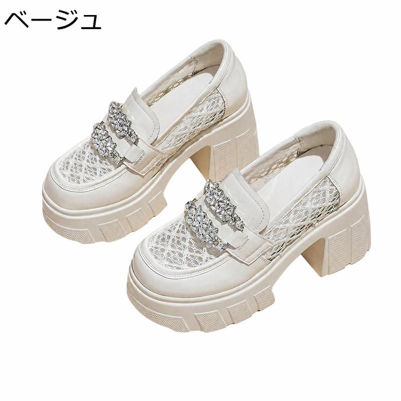 厚底ローファー レディース パンプス ビジュー レース メッシュ 太