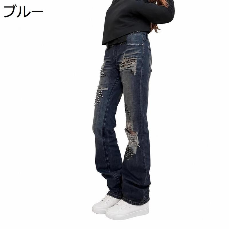 レディース デニムパンツ ダメージ ジーンズ スタッズ付き Y2K