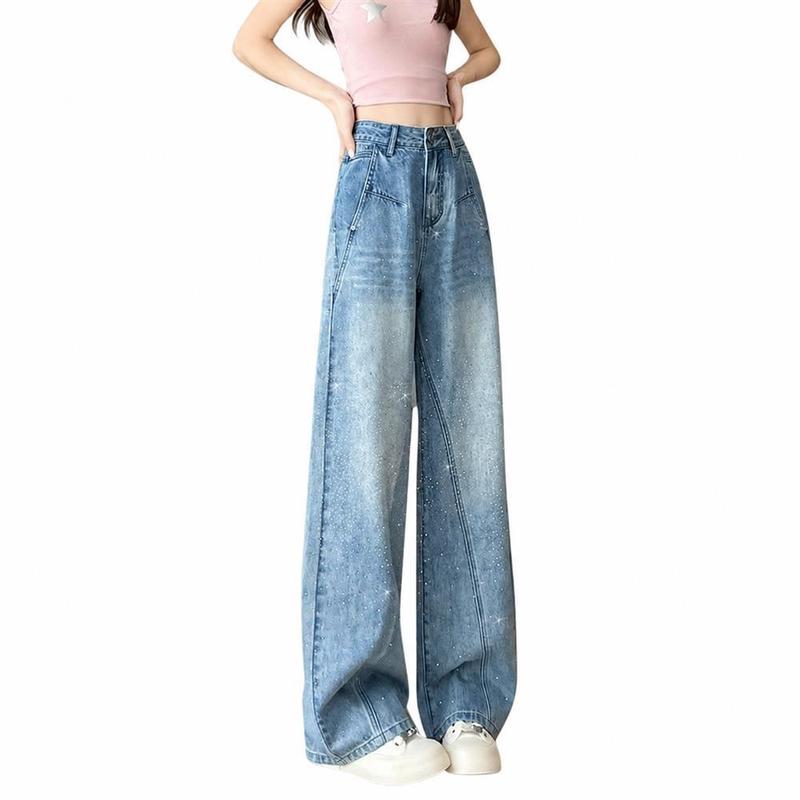 ワイドデニムパンツ レディース ストレートジーンズ キラキラ ビジュー