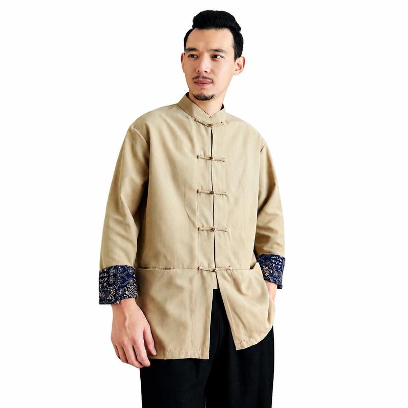 【即完品】ヤンガオ 長袖カンフーシャツ チャイナシャツ メンズ 長袖 カンフーシャツ マオカラー 立襟 綿麻