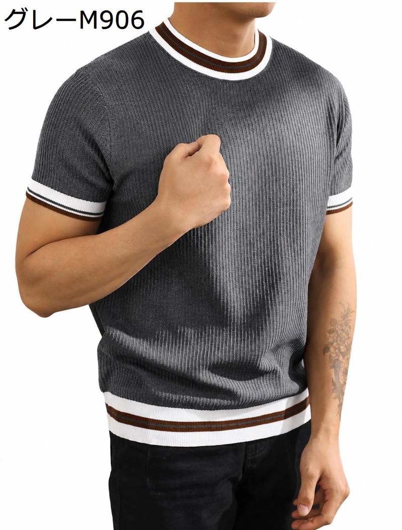 サマーニット メンズ 半袖 ニットTシャツ クルーネック ラインデザイン