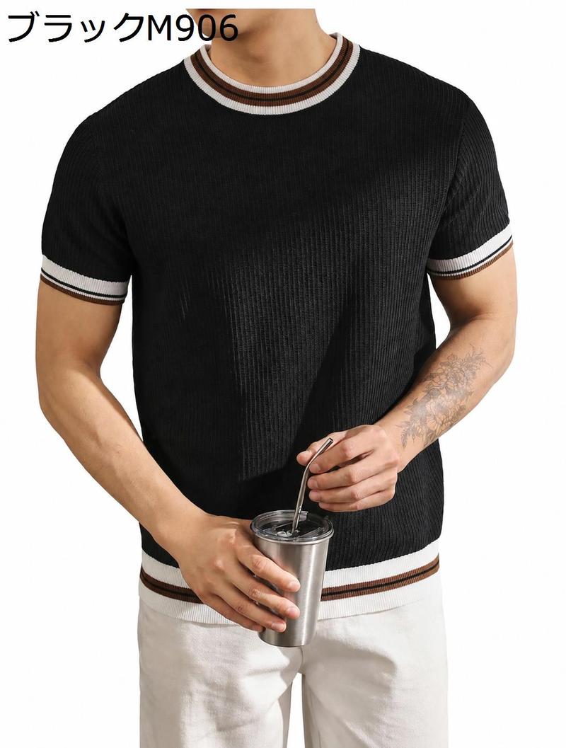 サマーニット メンズ 半袖 ニットTシャツ クルーネック ラインデザイン