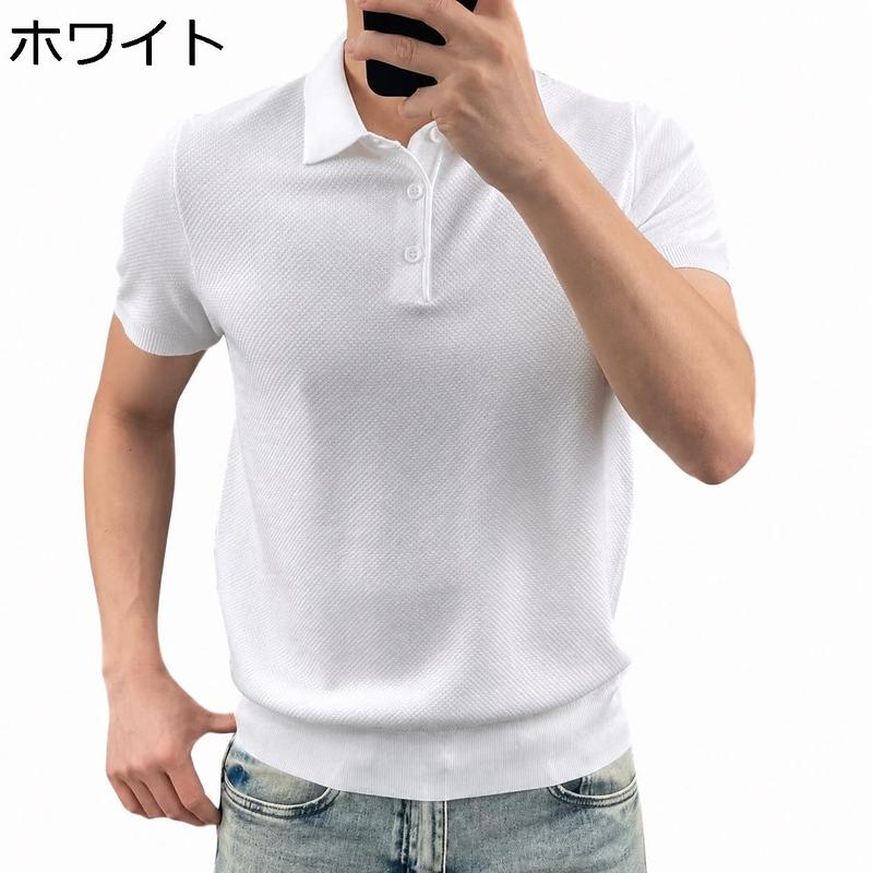 ニットポロシャツ メンズ 半袖 ポロシャツ サマーニット ワッフル 襟