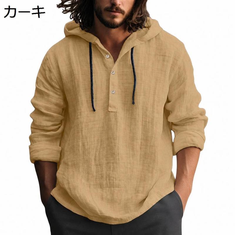 リネンパーカー メンズ 長袖 麻シャツ プルオーバー フード付き 綿麻